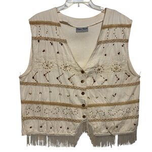 Cross towne embellished rayon button up fringed vest cream beaded mixed media
